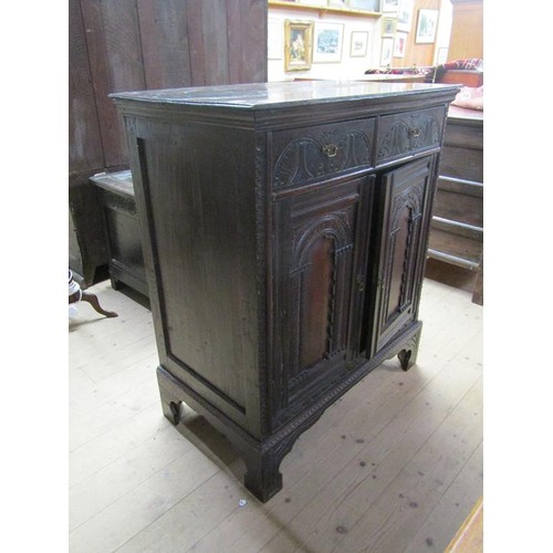 1677 - 19C OAK SIDE CABINET RAISED ON BRACKET FEET, 94CM W, 108.5CM H