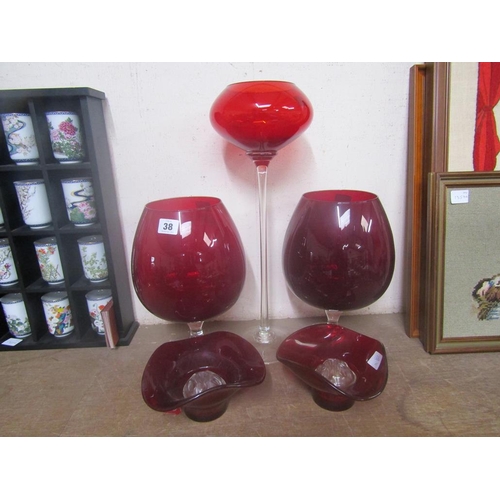 38 - RUBY RED ART GLASS VASES AND BOWLS