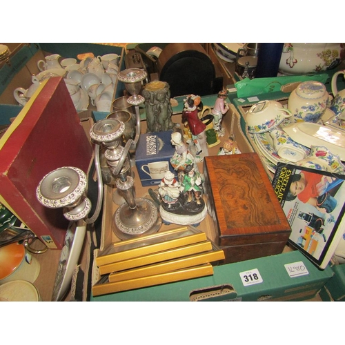 318 - BOX TO INCL PORCELAIN FIGURINES, SILVER PLATE ETC