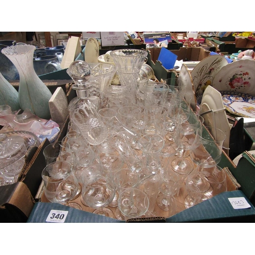 340 - BOX OF MIXED GLASSWARE - VASES, DECANTERS, WINES