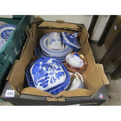 408 - BOX OF MIXED CERAMICS - B&W, CARNIVAL GLASS