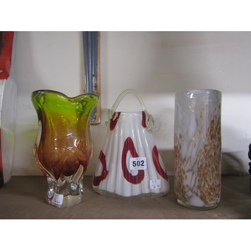 502 - THREE ART GLASS VASES TO INCL MURANO HANDBAG