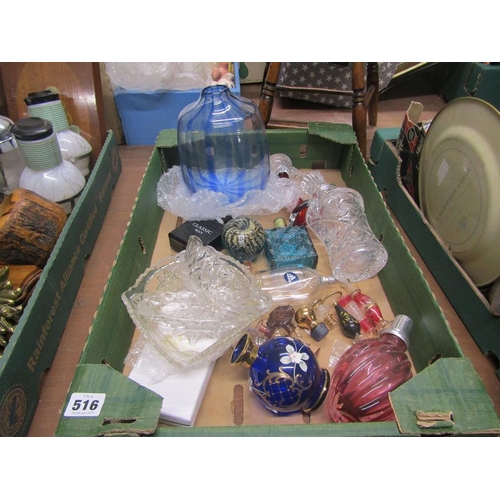 516 - BOX OF GLASSWARE - ART GLASS SCENT BOTTLES ETC