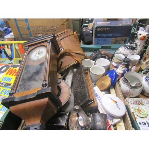 548 - BOX OF MIXED CERAMICS, SILVER PLATE, CLOCK, BINOCULARS ETC