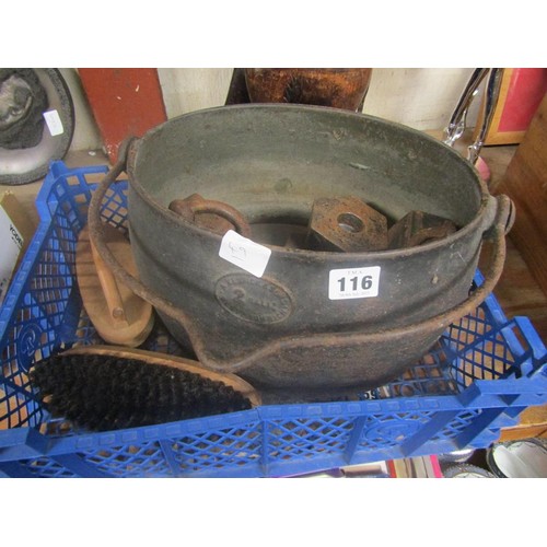 116 - OLD KENWICK & SONS COOKING POT, WEIGHTS ETC