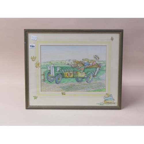 1101 - MCMAHON - CARTOON OF FOUR BADGERS IN A CAR, COLOURED PEN AND INK, F/G, 34CM X 48CM