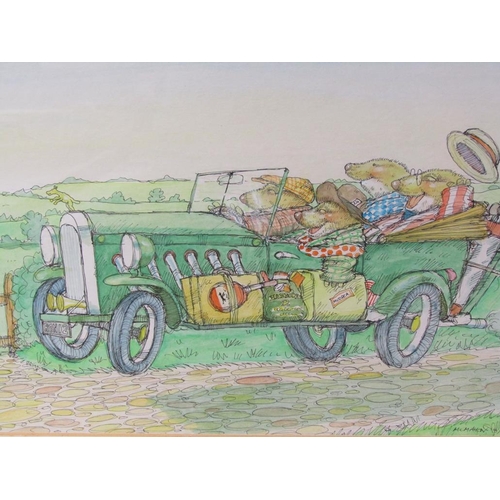 1101 - MCMAHON - CARTOON OF FOUR BADGERS IN A CAR, COLOURED PEN AND INK, F/G, 34CM X 48CM