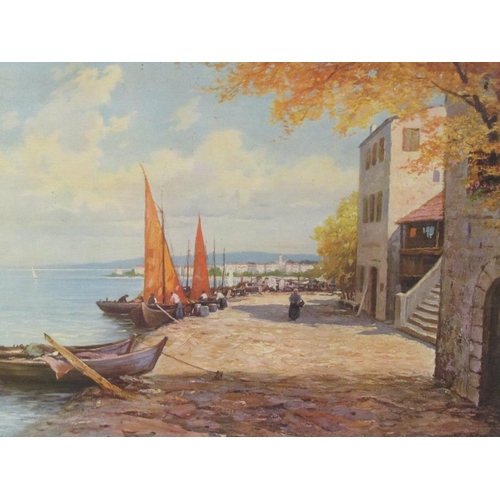 1104 - W RICHTER - MEDITERRANEAN COASTAL VILLAGE, OELOGRAPH, FRAMED, 60CM X 80CM