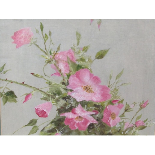 1106 - SIGNED IN MONO MM '72 (MARY COLEMAN MITCHELL) - PINK ROSES, OIL ON CANVAS, F/G, 27CM X 30CM