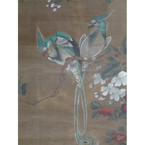 1108 - JAPANESE WATERCOLOUR PAINTING - EXOTIC BIRDS IN BLOSSOM, F/G, 79CM X 43CM