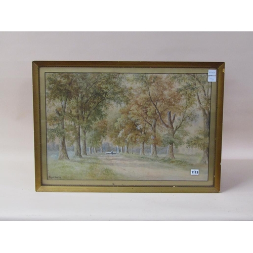 1113 - ALFRED BOX 79 - SHEPHERD WITH HIS FLOCK IN AVENUE OF TREES, SIGNED WATERCOLOUR, F/G, 43CM X 65CM