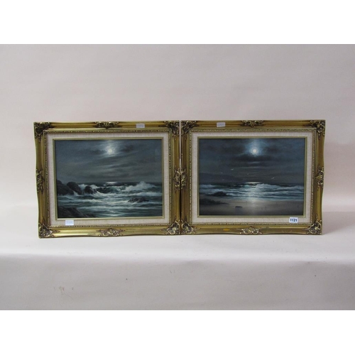 1121 - ROBERT TUCKER - PAIR, MOONLIGHT SEASCAPES, SIGNED OIL ON BOARD, FRAMED, 30CM X 40CM