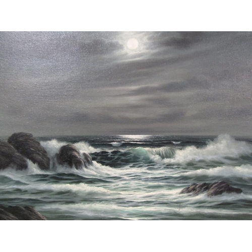 1121 - ROBERT TUCKER - PAIR, MOONLIGHT SEASCAPES, SIGNED OIL ON BOARD, FRAMED, 30CM X 40CM