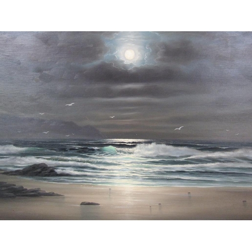 1121 - ROBERT TUCKER - PAIR, MOONLIGHT SEASCAPES, SIGNED OIL ON BOARD, FRAMED, 30CM X 40CM