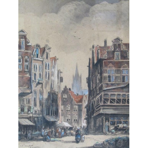 1123 - C P INYDUS - BRUGGE, WATERCOLOUR, TITLED AND SIGNED, F/G, 50CM X 40CM