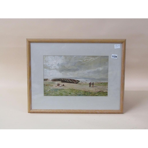 1124 - NAIRN A PERIGUL - 19C COASTAL SCENE WITH ABANDONED BOATS ON SHORE, SIGNED WATERCOLOUR, F/G, 23CM X 3... 