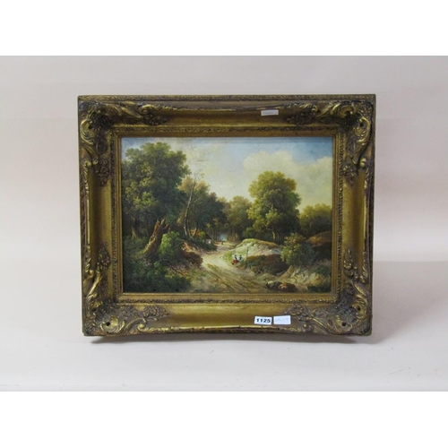 1125 - SIGNED INDISTINCTLY 19C - FIGURES CLOSE TO A ROADWAY IN WOODLAND SETTING, SIGNED OIL ON BOARD, FRAME... 