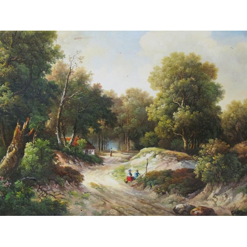 1125 - SIGNED INDISTINCTLY 19C - FIGURES CLOSE TO A ROADWAY IN WOODLAND SETTING, SIGNED OIL ON BOARD, FRAME... 