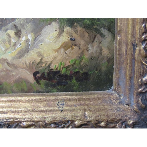 1125 - SIGNED INDISTINCTLY 19C - FIGURES CLOSE TO A ROADWAY IN WOODLAND SETTING, SIGNED OIL ON BOARD, FRAME... 