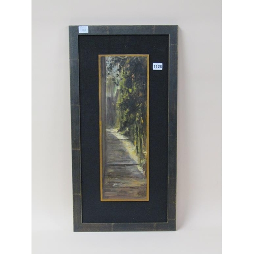 1128 - V CAFFI - SUNLIT PATHWAY, OIL ON PANEL, FRAMED, 50CM X 17CM