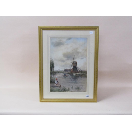 1129 - G VAN RYN - DUTCH CANAL SCENE WITH WINDMILLS, SIGNED WATERCOLOUR, F/G, 52CM X 35CM