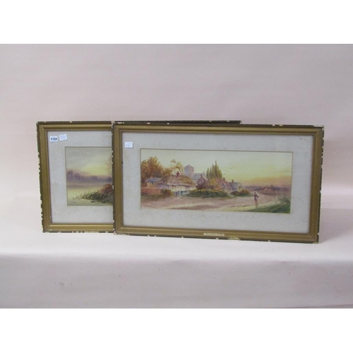 1131 - A TURNER - PAIR, EVENING SETTINGS WITH CHURCH AND RIVER, SIGNED WATERCOLOURS, F/G, 25CM X 59CM