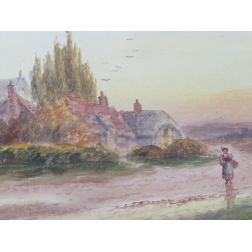 1131 - A TURNER - PAIR, EVENING SETTINGS WITH CHURCH AND RIVER, SIGNED WATERCOLOURS, F/G, 25CM X 59CM