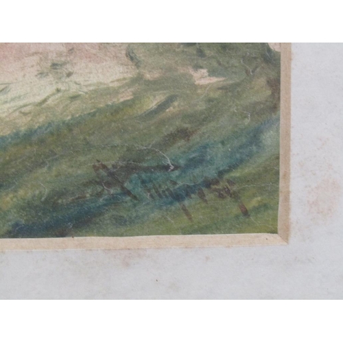 1131 - A TURNER - PAIR, EVENING SETTINGS WITH CHURCH AND RIVER, SIGNED WATERCOLOURS, F/G, 25CM X 59CM