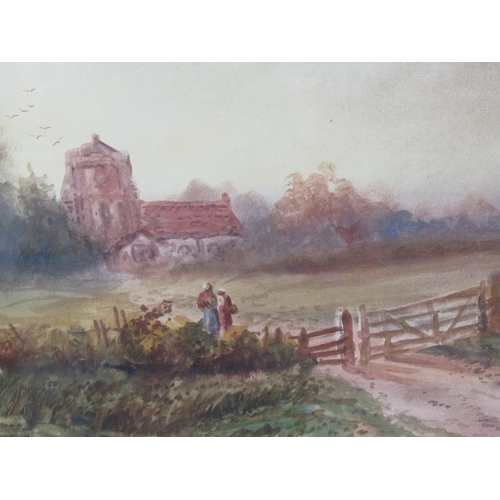 1131 - A TURNER - PAIR, EVENING SETTINGS WITH CHURCH AND RIVER, SIGNED WATERCOLOURS, F/G, 25CM X 59CM