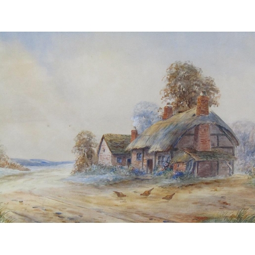 1137 - ERNEST POTTER 19C - THATCHED COTTAGE WITH CHICKENS IN FOREGROUND, SIGNED WATERCOLOUR, F/G, 30CM X 45... 