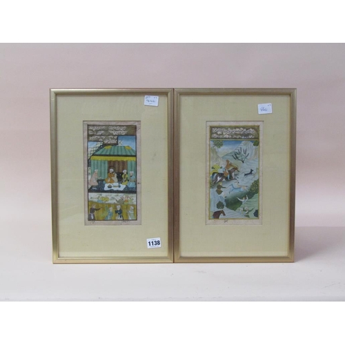 1138 - PAIR, PERSIAN PAINTINGS - HUNTING SCENE & TEA CEREMONY, F/G, 23CM X 13CM