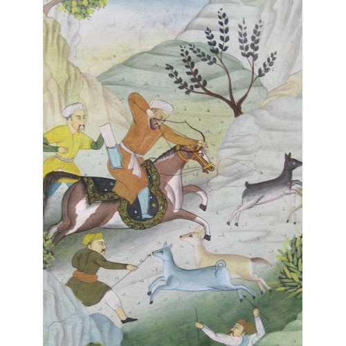 1138 - PAIR, PERSIAN PAINTINGS - HUNTING SCENE & TEA CEREMONY, F/G, 23CM X 13CM