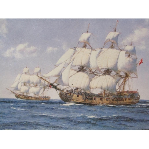 1143 - SIGNED INDISTINCTLY - TWO SAILING VESSELS, OLEOGRAPH, FRAMED, 48CM X 74CM