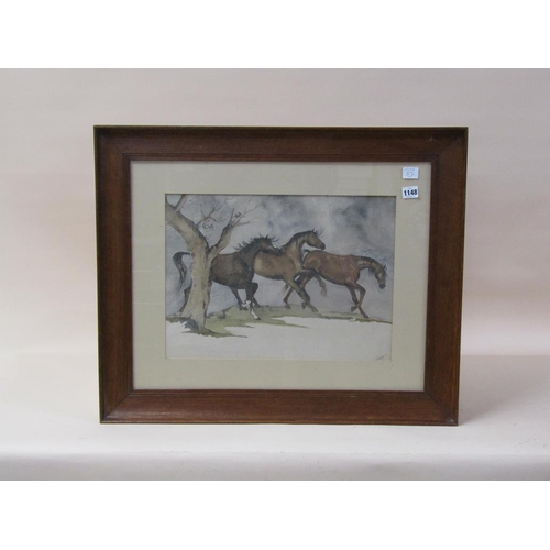 1148 - WENDY S - THREE WILD HORSES, SIGNED WATERCOLOUR, F/G, 33CM X 46CM