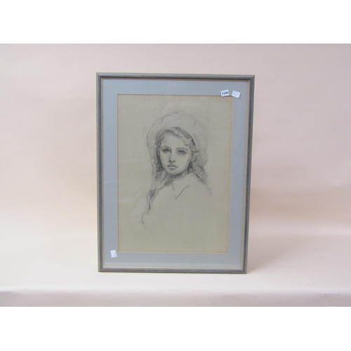 1149 - UNSIGNED - BLACK CHALK SKETCH OF A YOUNG LADY, F/G, 67CM X 46CM