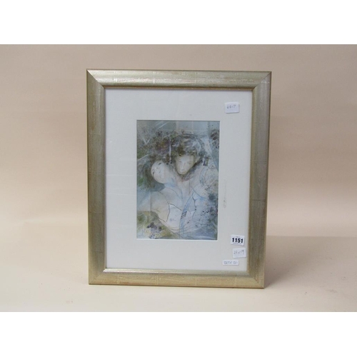 1151 - SIGNED INDISTINCTLY - LOVERS I, ILLUMINATED WATERCOLOUR, FRAMED, 28CM X 19CM