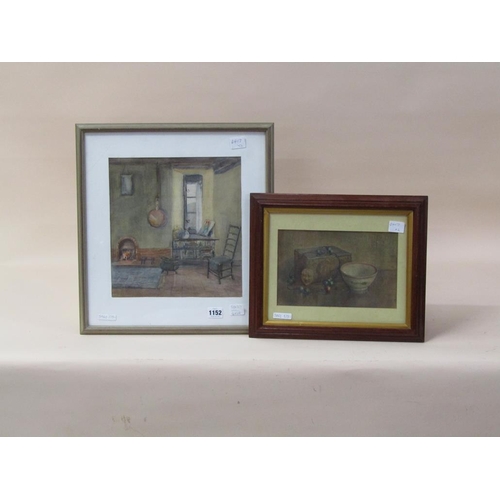 1152 - UNSIGNED - TWO LATE 19C WATERCOLOURS, INTERIOR SCENE, 30CM X 27CM, & STILL LIFE, 16CM X 24CM