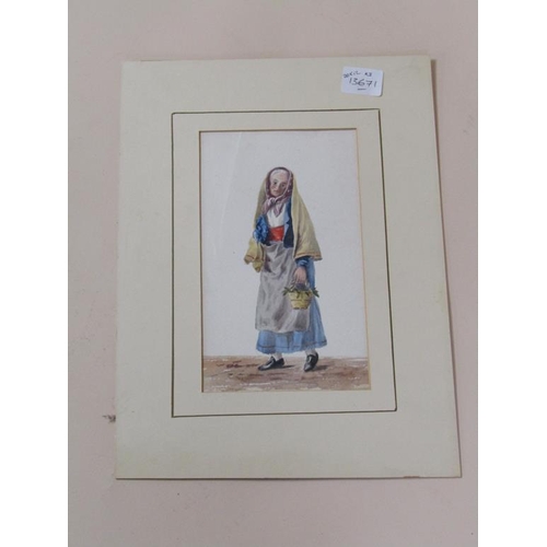 1156 - UNFRAMED WATERCOLOUR - PORTRAIT OF A LADY WITH BASKET AND SHAWL, 20CM X 12CM; TWO PRINTS