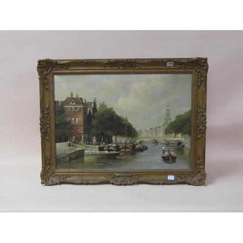 1163 - UNSIGNED 19C - AMSTERDAM RIVERSCAPE, OIL ON CANVAS, FRAMED, 48CM X 68CM