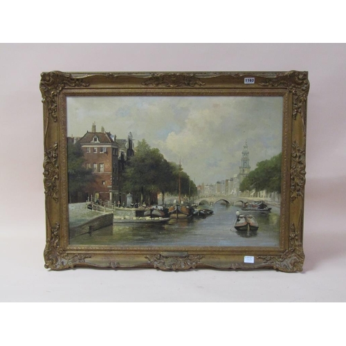 1163 - UNSIGNED 19C - AMSTERDAM RIVERSCAPE, OIL ON CANVAS, FRAMED, 48CM X 68CM