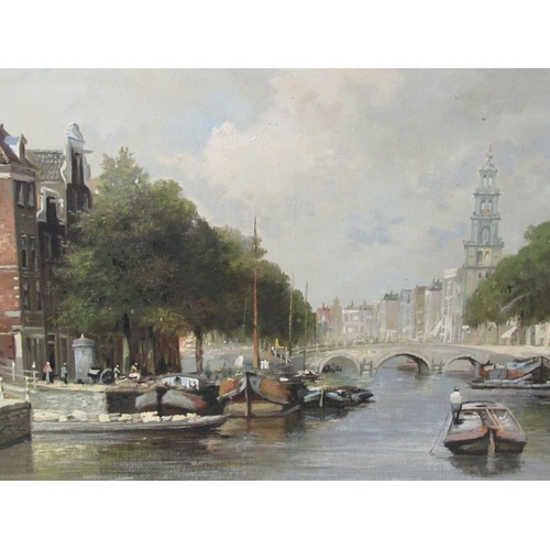 1163 - UNSIGNED 19C - AMSTERDAM RIVERSCAPE, OIL ON CANVAS, FRAMED, 48CM X 68CM