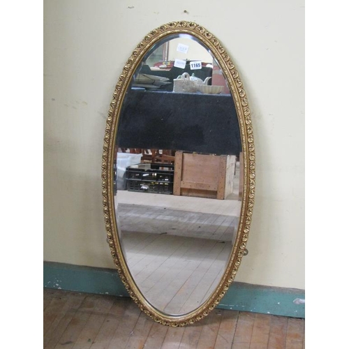 1165 - OVAL GILT WOOD WALL MIRROR, 94CM X 49CM