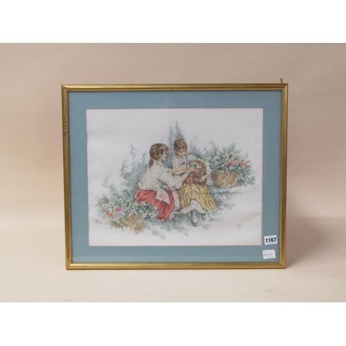 1167 - MONO JB - NEEDLEWORK TWO LADIES WITH FLOWER BASKETS, F/G, 34CM X 42CM