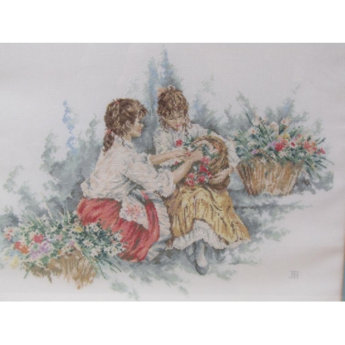 1167 - MONO JB - NEEDLEWORK TWO LADIES WITH FLOWER BASKETS, F/G, 34CM X 42CM