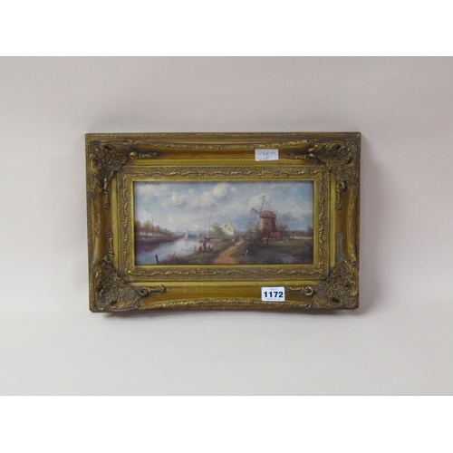 1172 - SIGNED OIL ON CANVAS - DUTCH CANAL SCENE, FRAMED, 11CM X 24CM