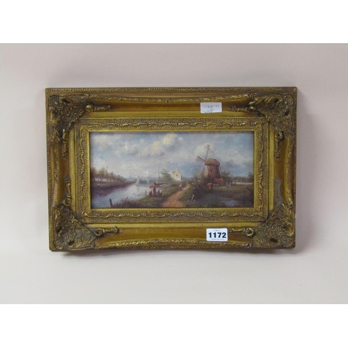 1172 - SIGNED OIL ON CANVAS - DUTCH CANAL SCENE, FRAMED, 11CM X 24CM