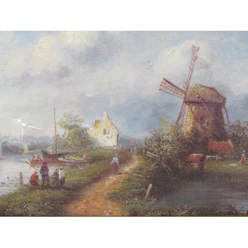 1172 - SIGNED OIL ON CANVAS - DUTCH CANAL SCENE, FRAMED, 11CM X 24CM