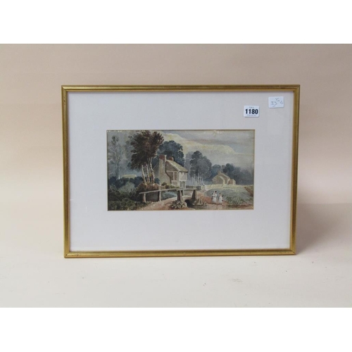 1180 - SIGNED INDISTINCTLY 19C - LADY AND GENTLEMAN WITH A CHILD CLOSE TO A RIVER, WATERCOLOUR, F/G, 16CM X... 