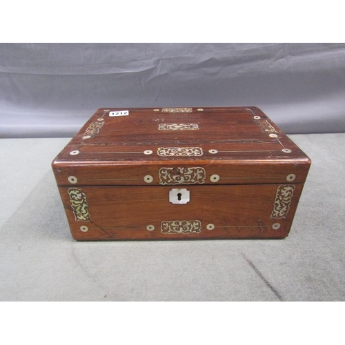 1212 - VICTORIAN MOTHER OF PEARL INLAID ROSEWOOD BOX AND CONTENTS, 29CM W