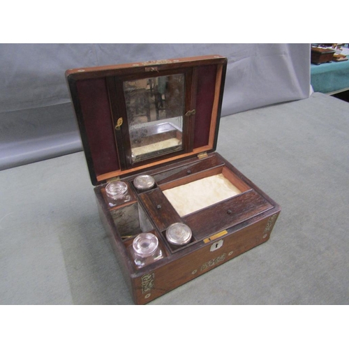 1212 - VICTORIAN MOTHER OF PEARL INLAID ROSEWOOD BOX AND CONTENTS, 29CM W